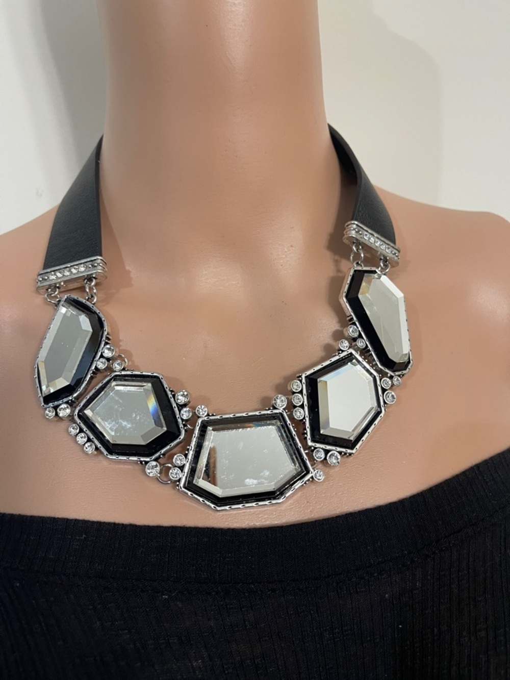 Statement Geometric Mirror Necklace in Silver and Black With Matching Earrings